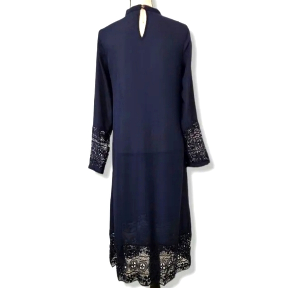 SHEIN Navy Smocked Midi Dress Ruffle Collar Lace Trim XS - Picture 4 of 17